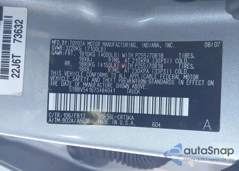 2007 Toyota Tundra Sr5 5.7L V8 z USA, uszkodzony, nr VIN 5TBBV54167S484041